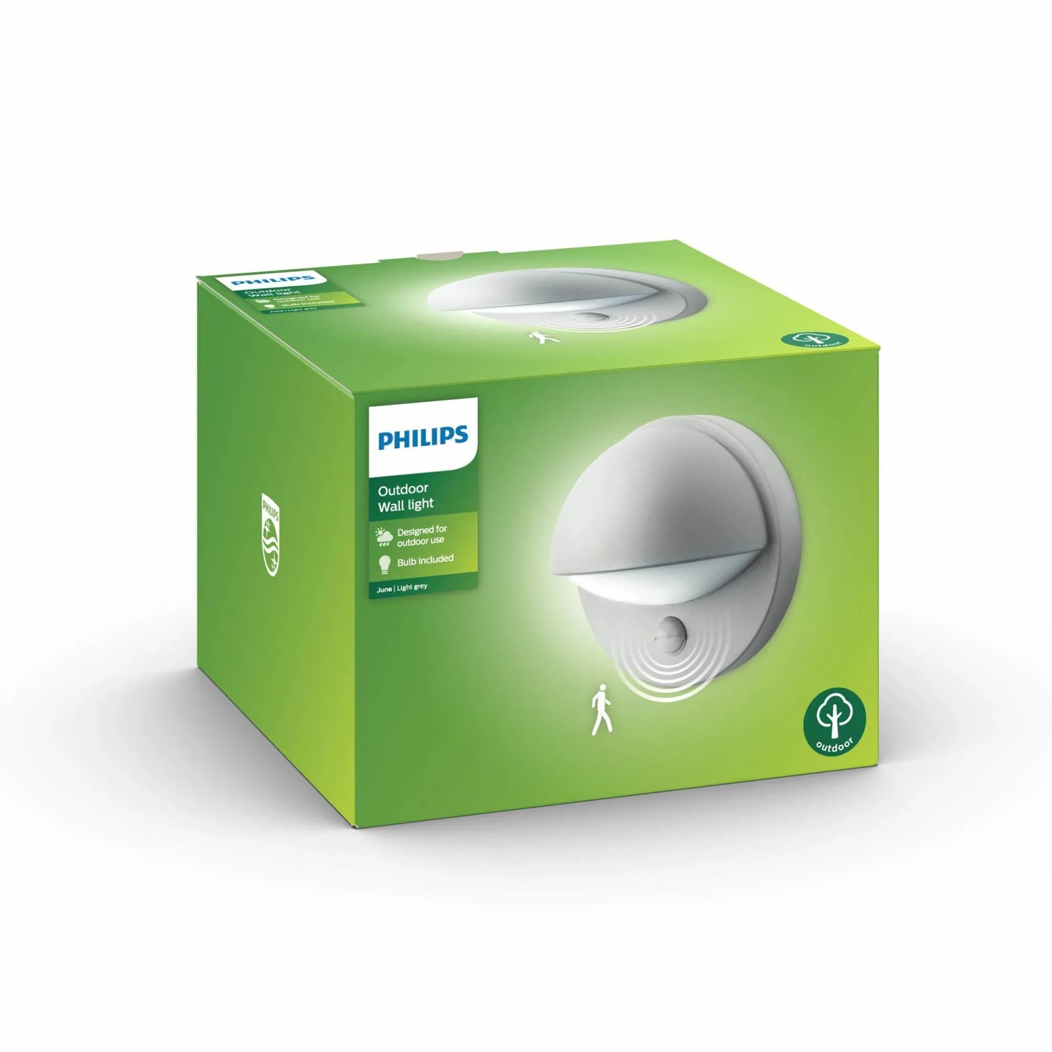 Verpackung der grauen Philips MyGarden June Außenwandleuchte mit Bewegungssensor.