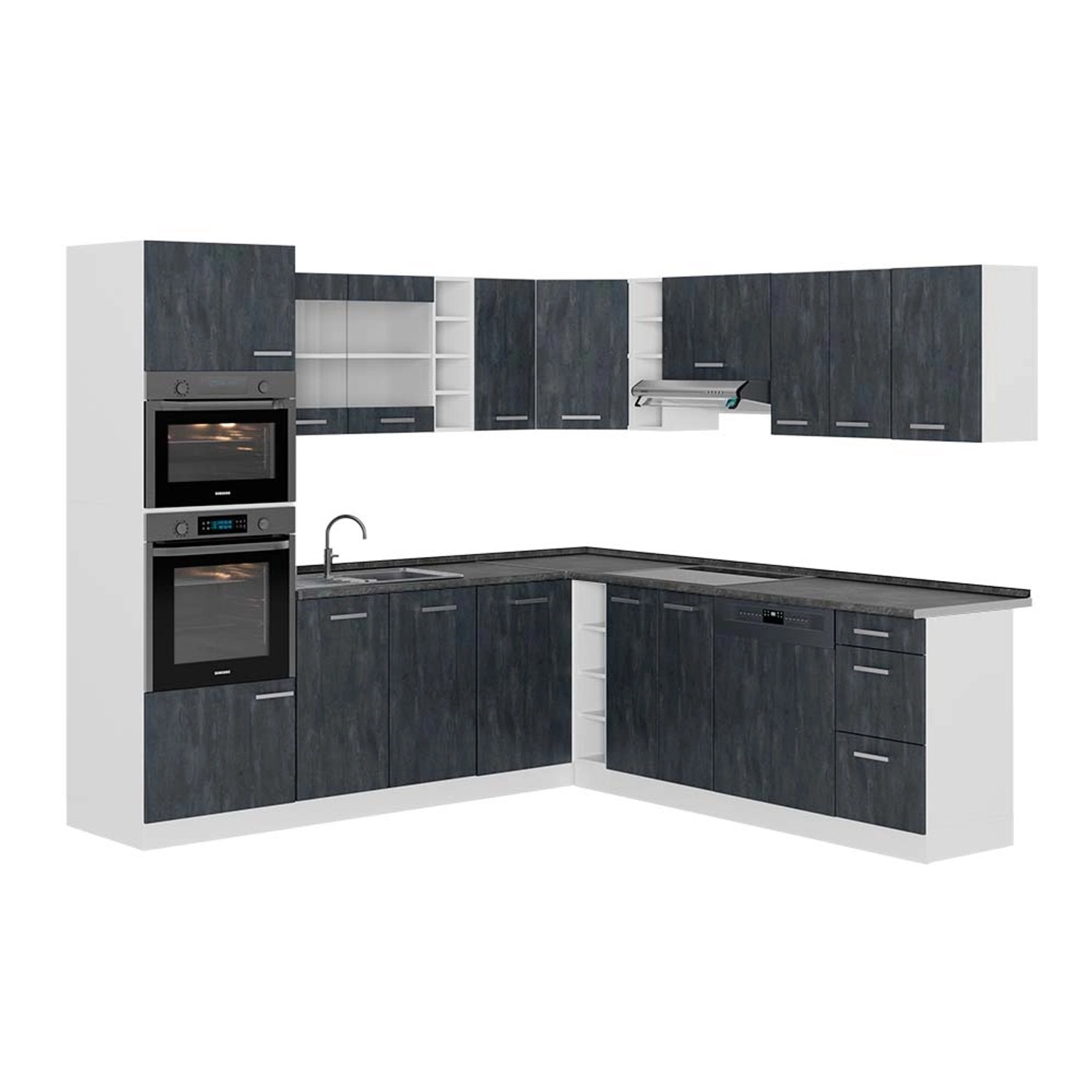 Vicco R-Line Einbauküche Schwarz Beton/Weiß 237 x 247 cm AP Anthrazit günstig online kaufen