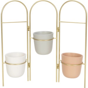 Faltbarer, goldfarbener Blumenständer im Modern Antique Design mit drei Keramik-Übertöpfen in Grau, Terrakotta und Weiß.