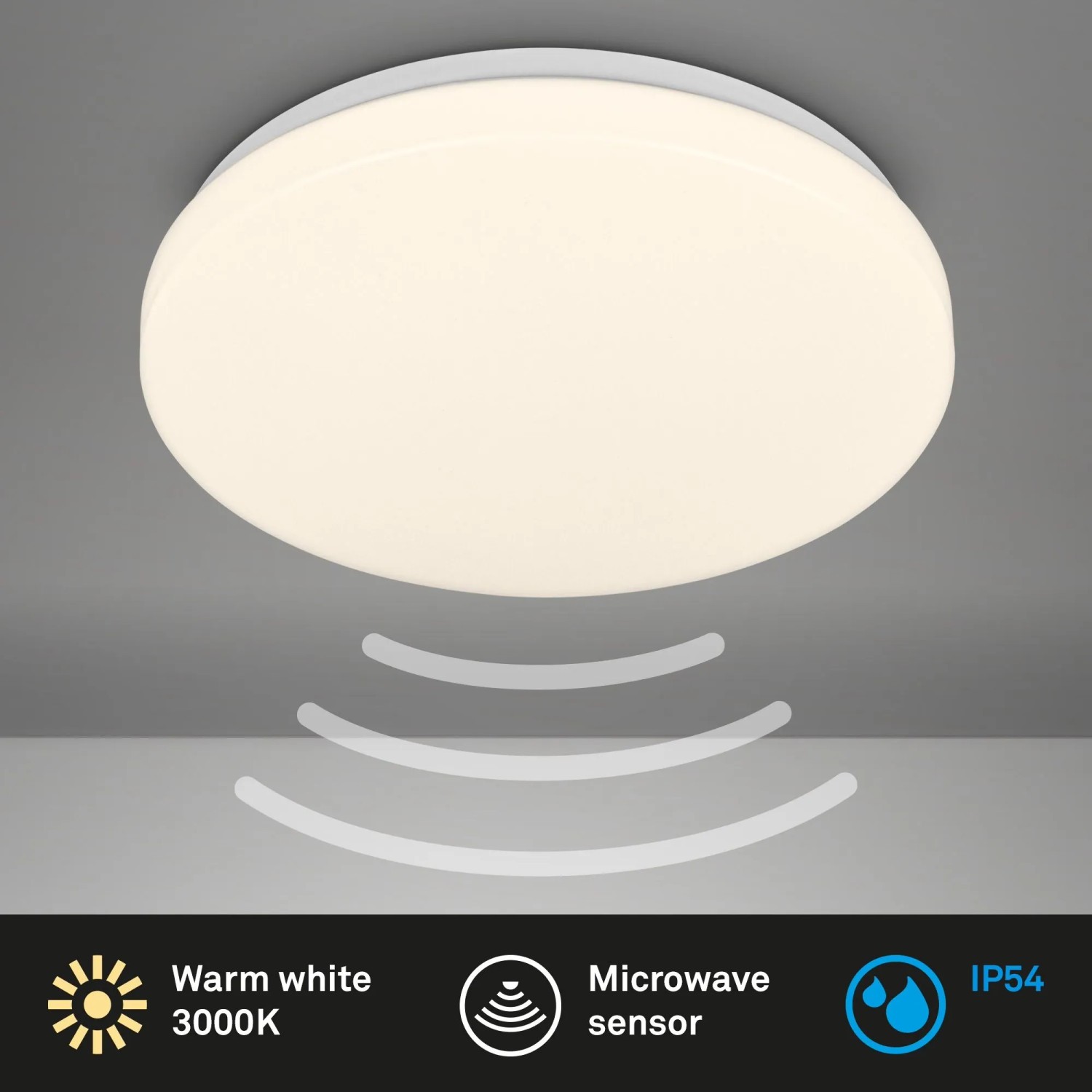 Weiße, runde Brilo LED-Deckenleuchte Walk mit warmweißem Licht. Integrierter Bewegungsmelder, Dämmerungssensor und IP54.