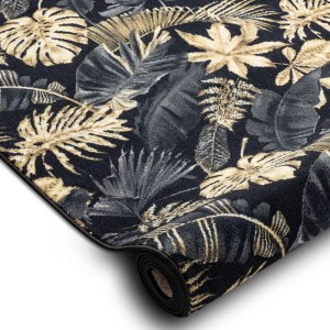 RugsX Läufer mit goldenem und grauem Monstera-Blattmuster auf schwarzem Grund, teilweise aufgerollt. Antirutsch Teppich.