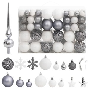 furnicato 111-tlg. Weihnachtskugel-Set in Weiß und Grau mit Christbaumspitze, Kugeln, Sternen und Schneeflocken.