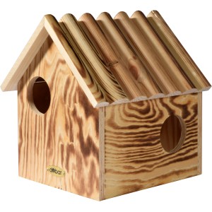 Geflammter Eichhörnchenkobel aus Kiefernholz mit drei Eingängen.