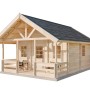 Hellbraunes Alpholz Gartenhaus Lillehammer mit Satteldach und Veranda.