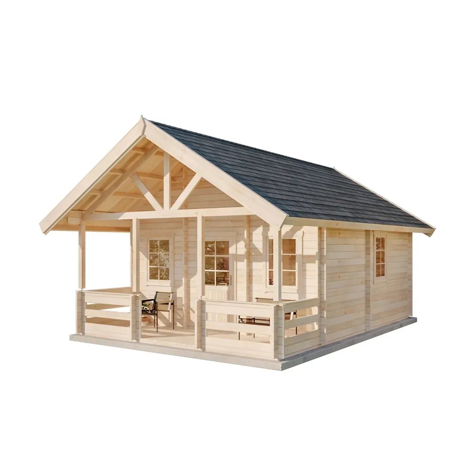Hellbraunes Alpholz Gartenhaus Lillehammer mit Satteldach und Veranda.