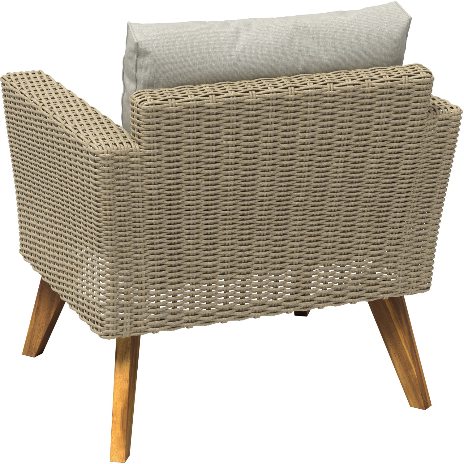 Detailansicht: Sessel aus dem 4-teiligen Sofa-Lounge-Set Borup in Beige mit Wicker-Geflecht und Holfuß.