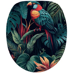 Sanilo WC-Sitz Exotic mit Absenkautomatik, tropisches Papageien-Design auf Holz.