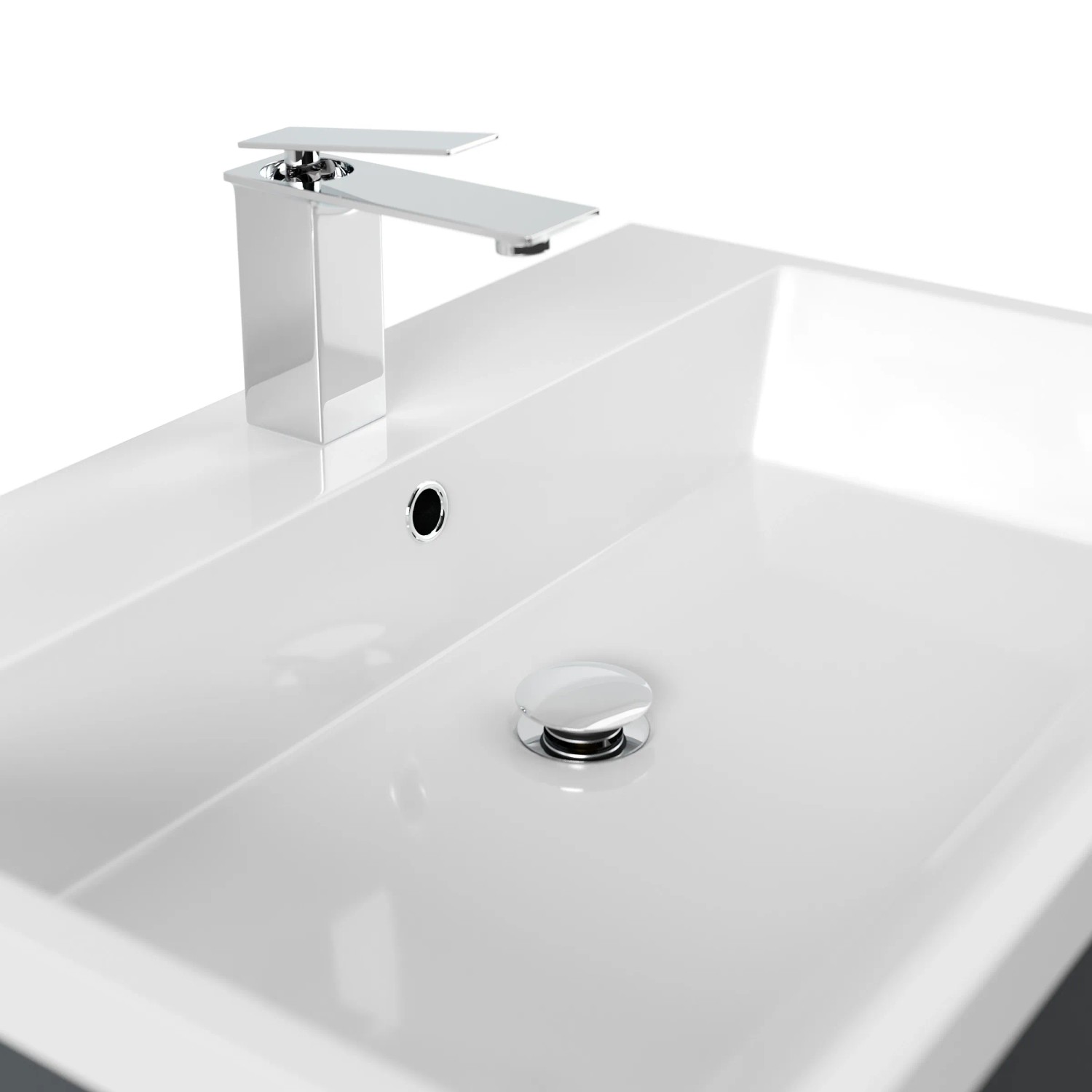 Detailaufnahme: Weißes Waschbecken mit Armatur des Posseik Badmöbel Fellini 70 in Grafit.