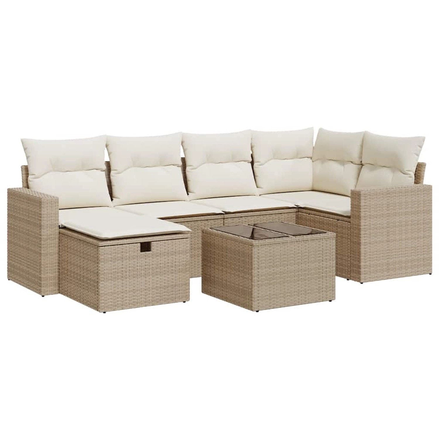 vidaXL 7-Tlg Garten-Sofagarnitur mit Kissen Beige Poly Rattan 3325394