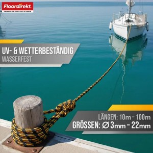 Floordirekt Polypropylen Seil, schwarz-orange, Ø 6mm, 30m, am Steg mit Boot im Hintergrund.