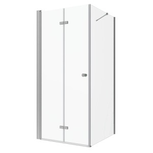 Aquabatos Eckdusche Falttür mit Seitenwand, rahmenlos, aus 5mm ESG Sicherheitsglas und Chromprofilen.