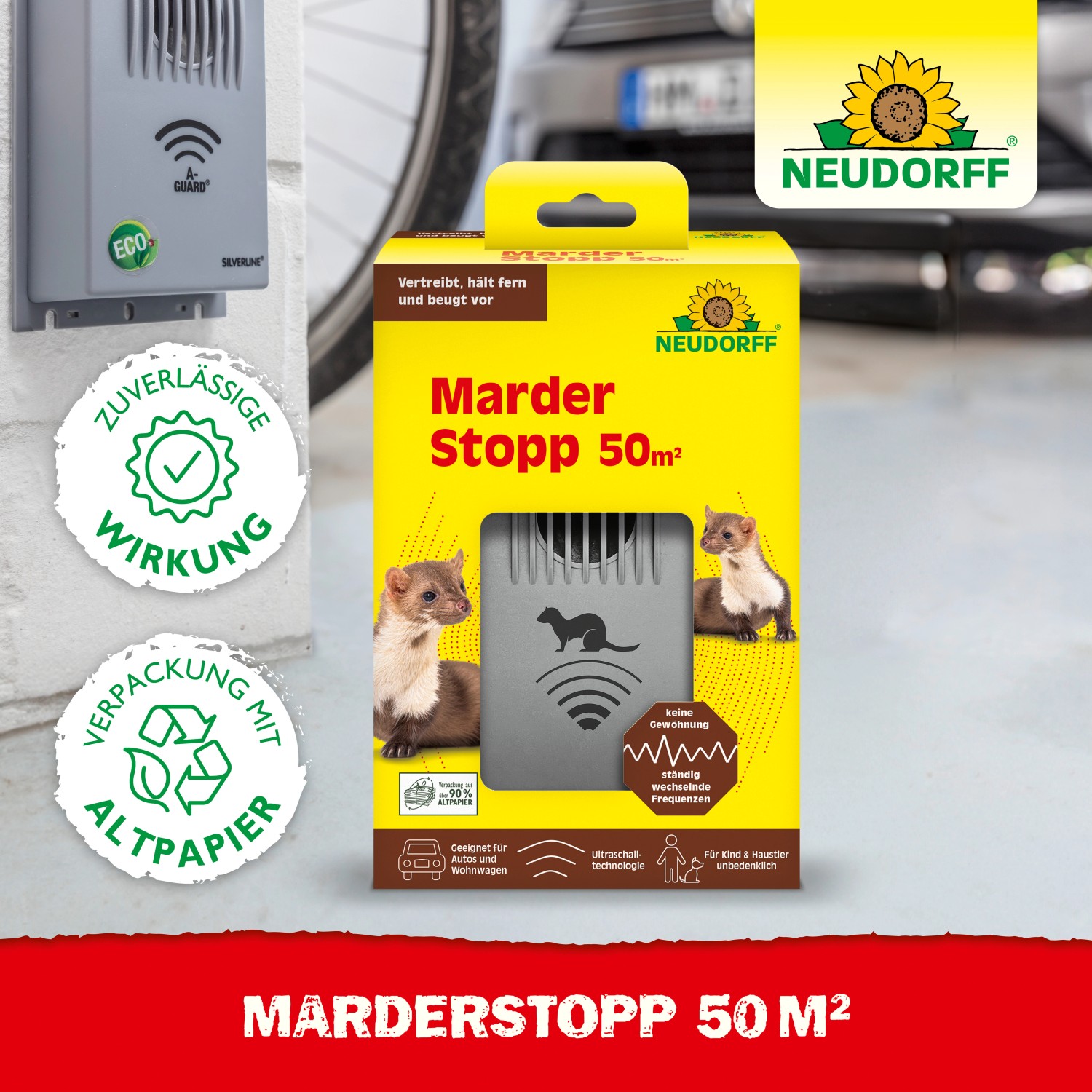 Neudorff Marderstopp 50m², Marderschutz für Auto, Dachboden & Garage. Ultraschall-Technologie.