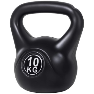 Schwarze 10 kg HOMCOM Kettlebell aus Kunststoff mit Sandfüllung für Fitness und Krafttraining.