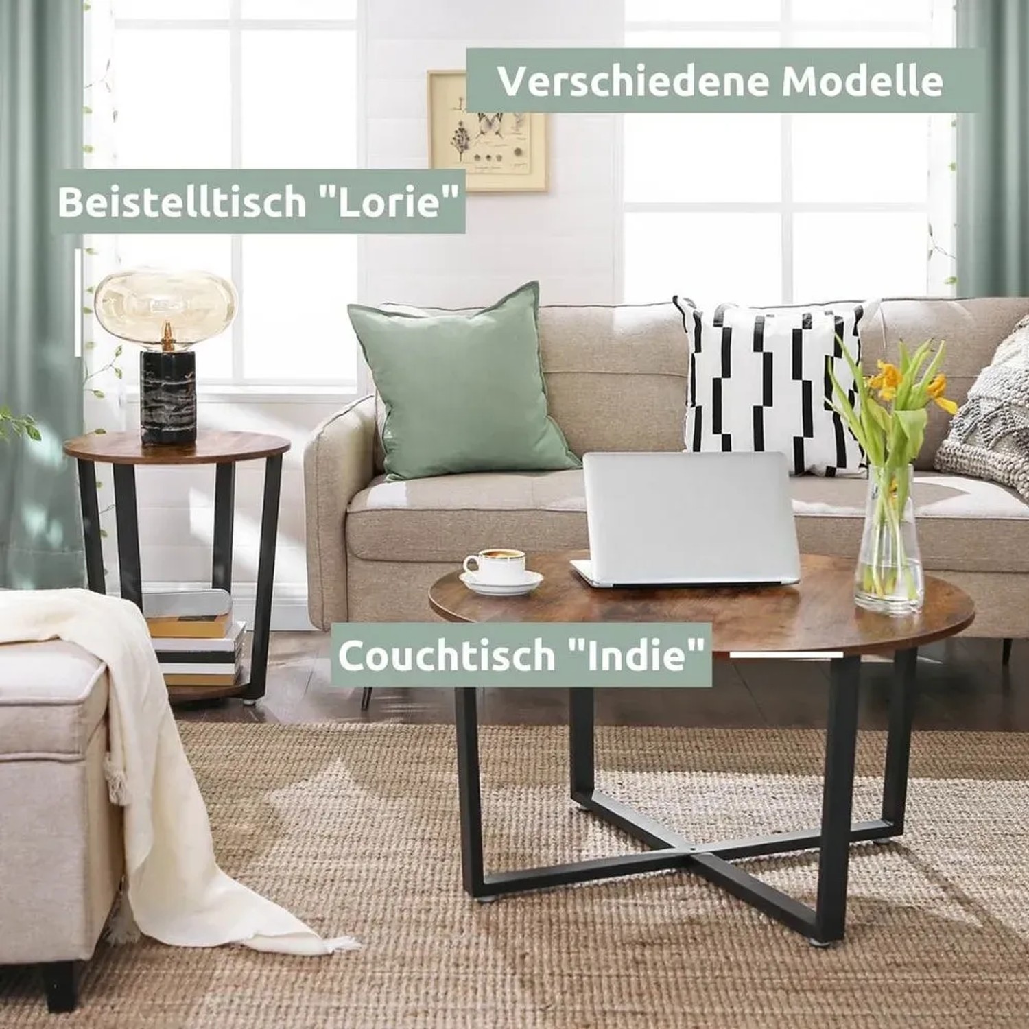 Holz4home Couchtisch Indie, rund, im Industrie-Stil mit schwarzem Metallgestell.