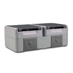 Graue TEM Fontana Doppelsteckdose horizontal mit Klappdeckeln, IP44 für Feuchträume & Außenbereich.
