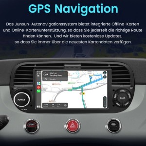 Junsun Autoradio mit GPS-Navigation im Fiat 500 Armaturenbrett. Routenkarte auf dem Touchscreen, CarPlay, Android Auto.