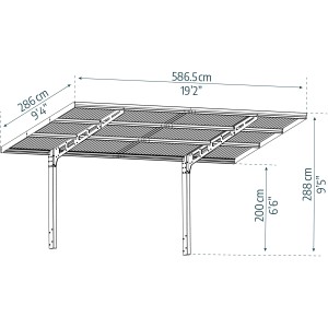 Technische Zeichnung: Schwarzes Palram Canopia Carport Sydney Wave, 587x286 cm, mit Maßangaben.