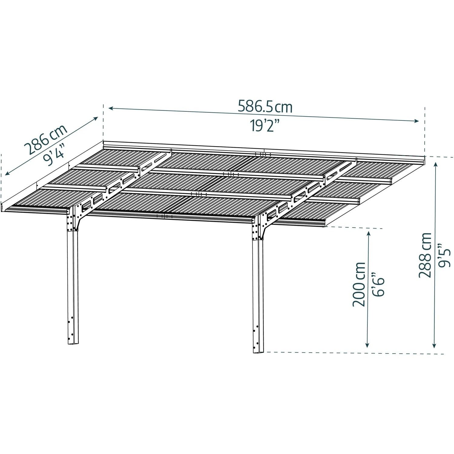 Technische Zeichnung: Schwarzes Palram Canopia Carport Sydney Wave, 587x286 cm, mit Maßangaben.