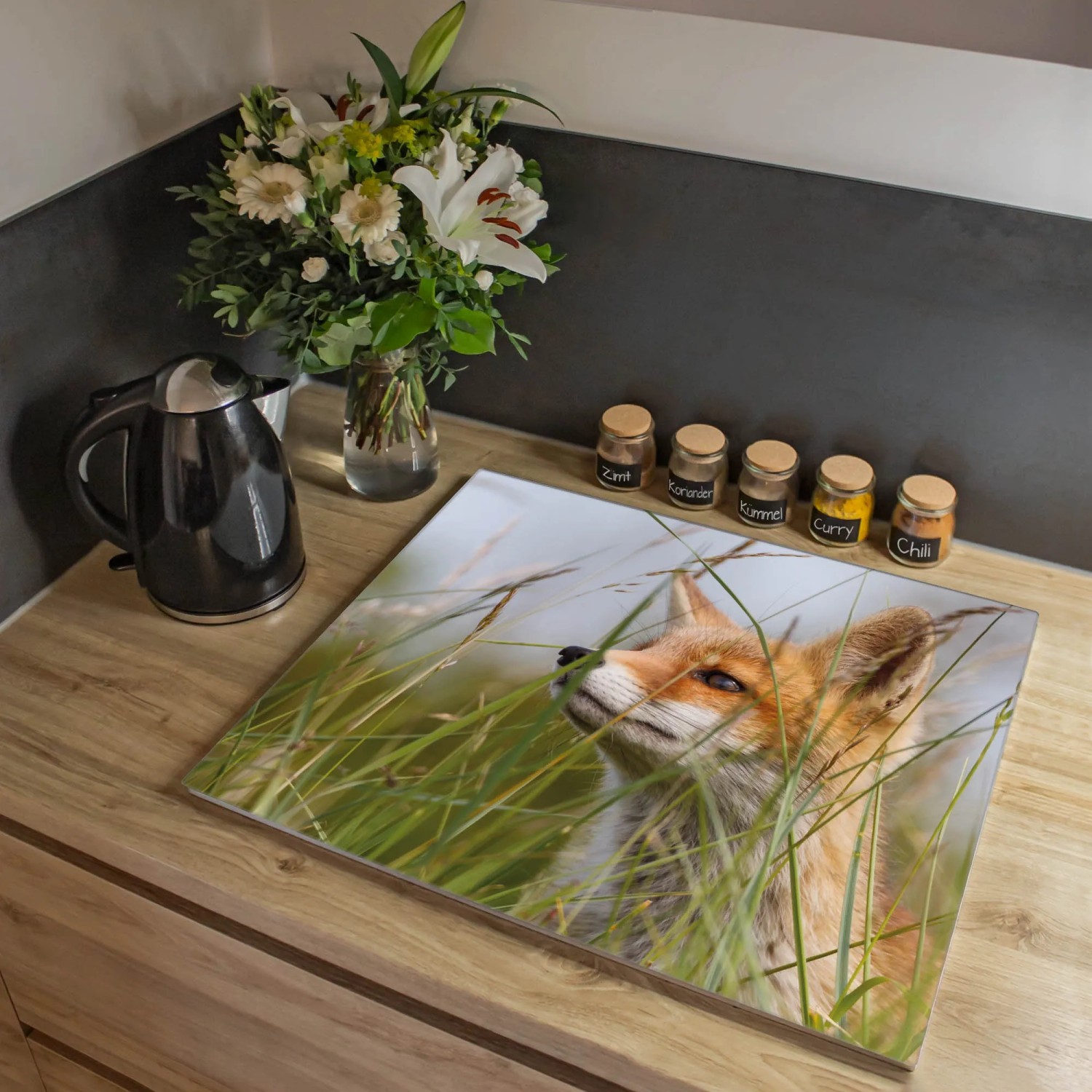 Banjado Herdabdeckplatte Glas mit Fuchs Motiv, auch als Schneidebrett nutzbar.