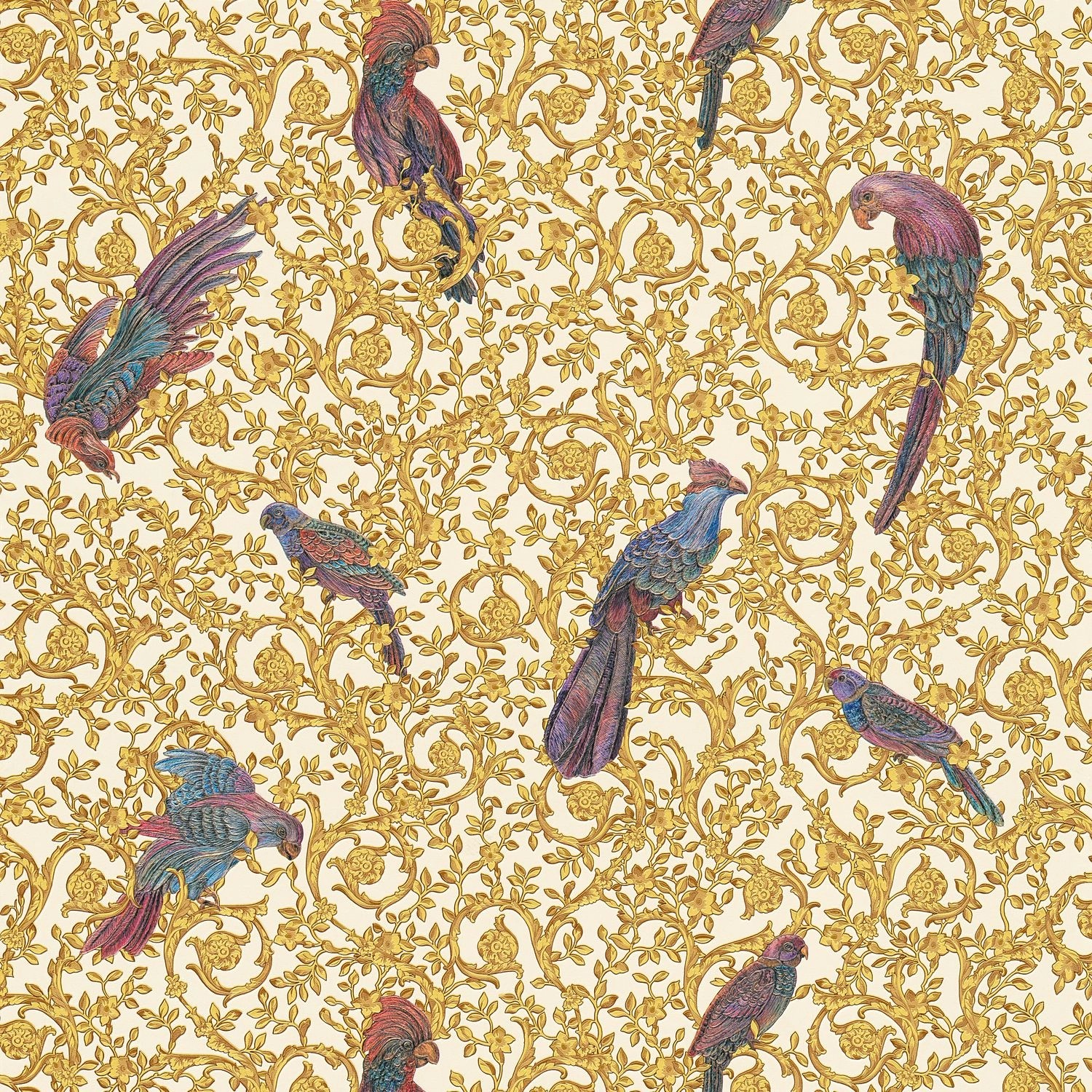 Thumbnail - PROFHOME 370532-GU Luxus Tapete Vogelmuster Gold Violett Creme 7,035 m2 0,70 m x 10,05 m 7,035 m2 Gold