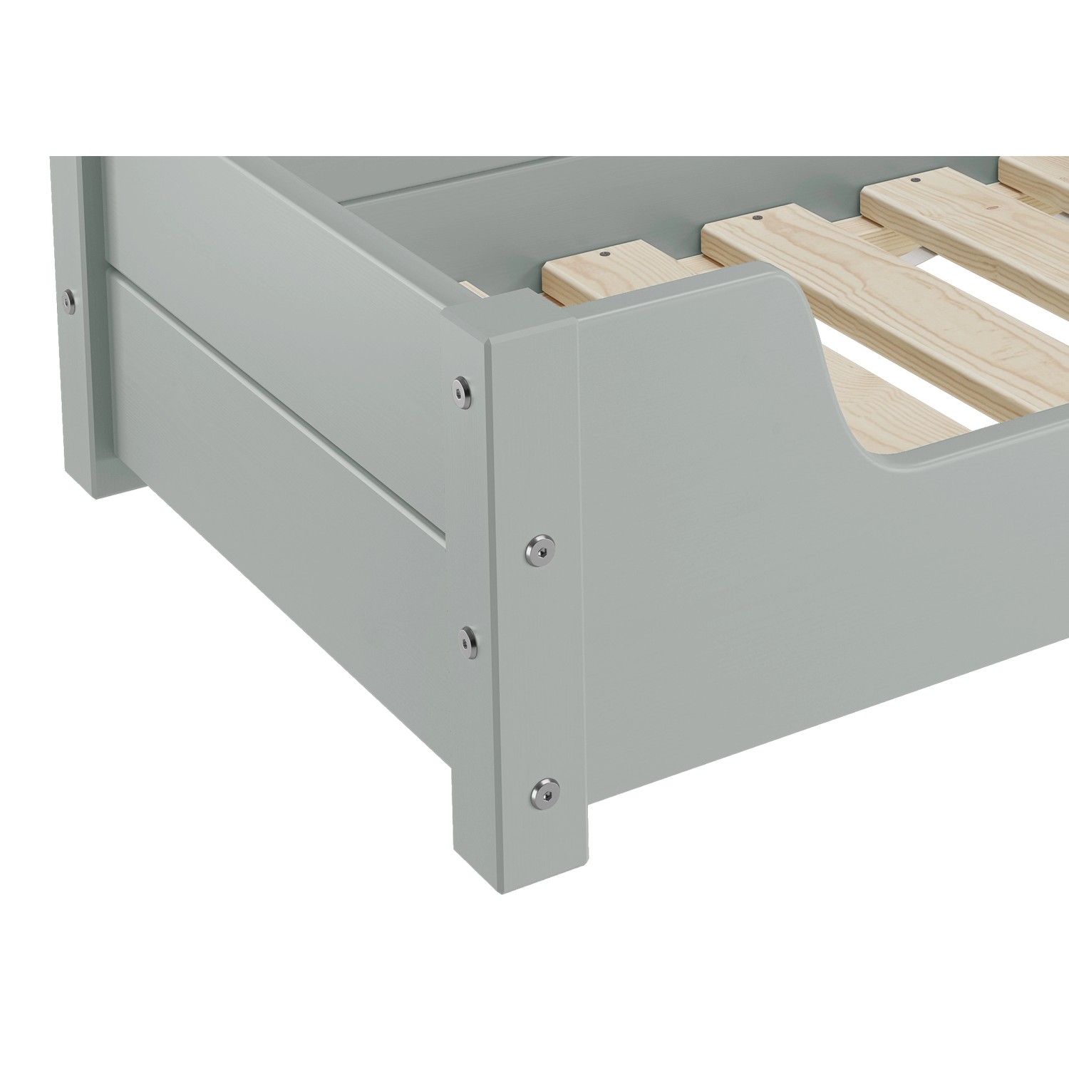 Detailaufnahme: Graues Erst-Holz Haustierbett mit Rollrost, Kiefernholz. Hundesofa in XL.