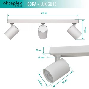 Weißer 3-flammiger Okatplex Bora LED Spotbalken mit schwenkbaren, dimmbaren GU10 Leuchtmitteln.