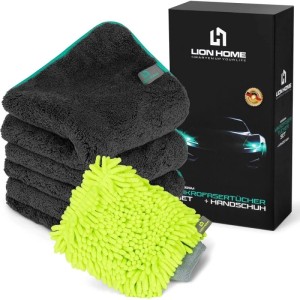 Lion Home Mikrofasertuch Set (3 Tücher, 1 Handschuh) für Auto, Motorrad & Haushalt.