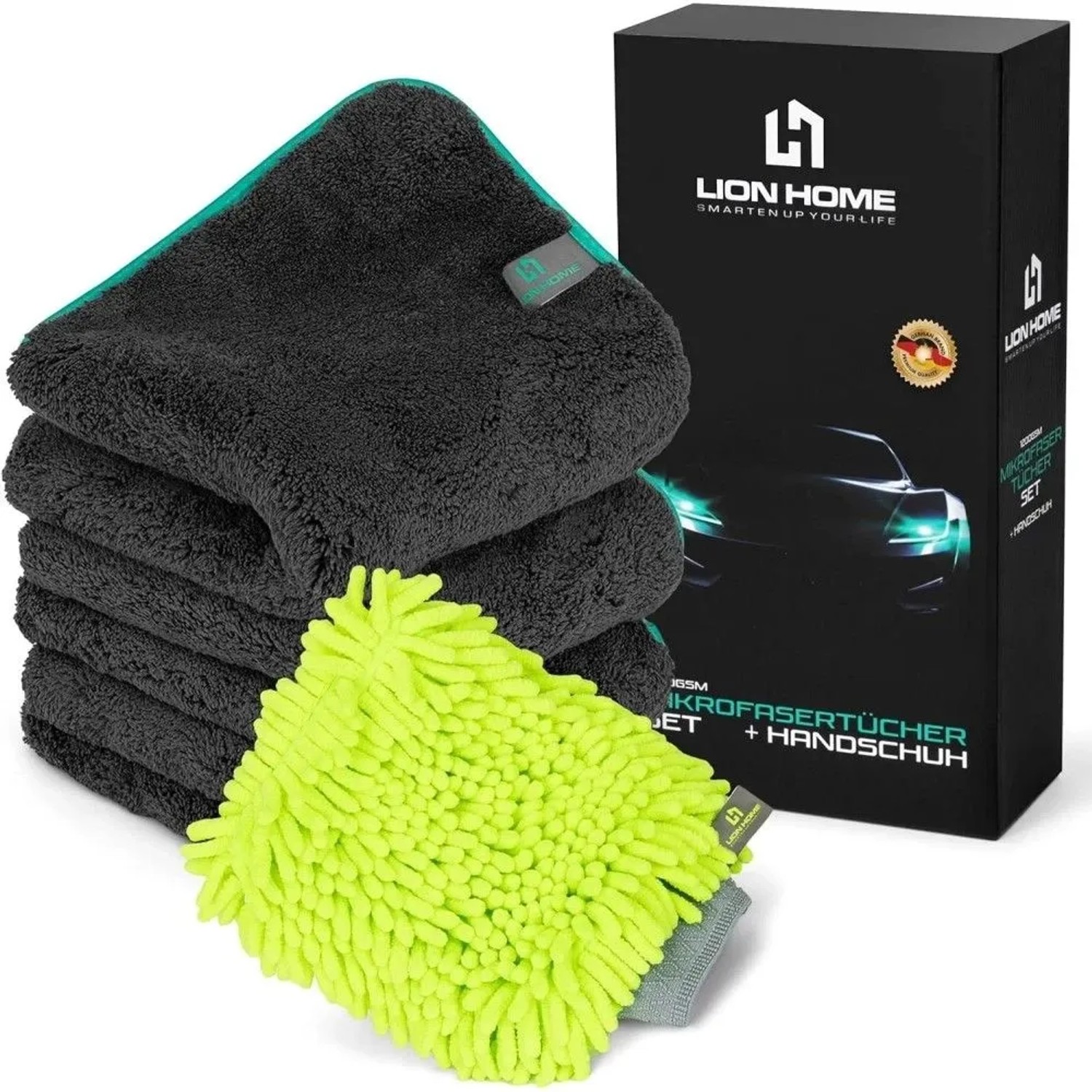Lion Home 3x Mikrofasertuch 40x40 1200 GSM & Handschuh Set Saugstark & Sanft