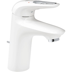 Grohe Eurostyle Waschbeckenarmatur S-Size in Moon White mit offenem Hebel und Chrom-Akzenten.