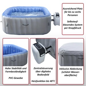Eckiger, aufblasbarer Whirlpool MCW N97 für 6 Personen, grau-blau mit digitalem Bedienfeld und Abdeckung.