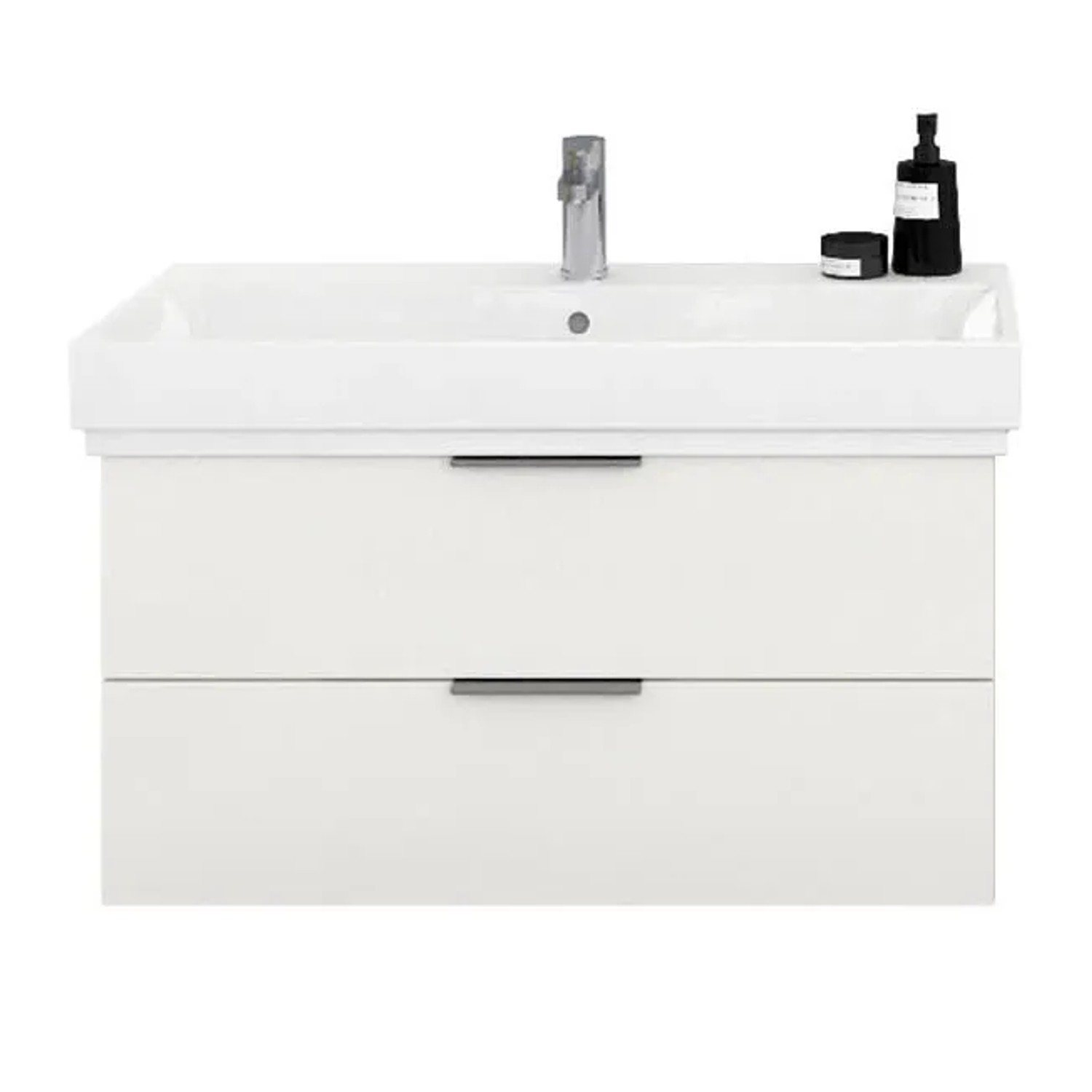 Steinkamp Unterschrank Living 2.0 mit Raumsparsiphon Schneeweiß Glanz mit GROHE Waschtisch Cube 100 cm