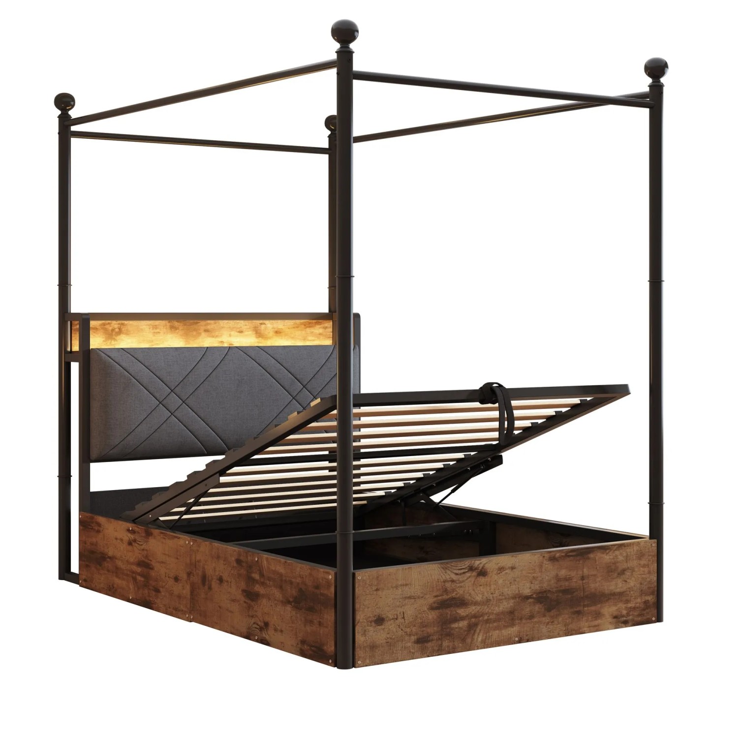 Merax Einzelbett 90x190cm Eisen Baldachin LED Schwarz