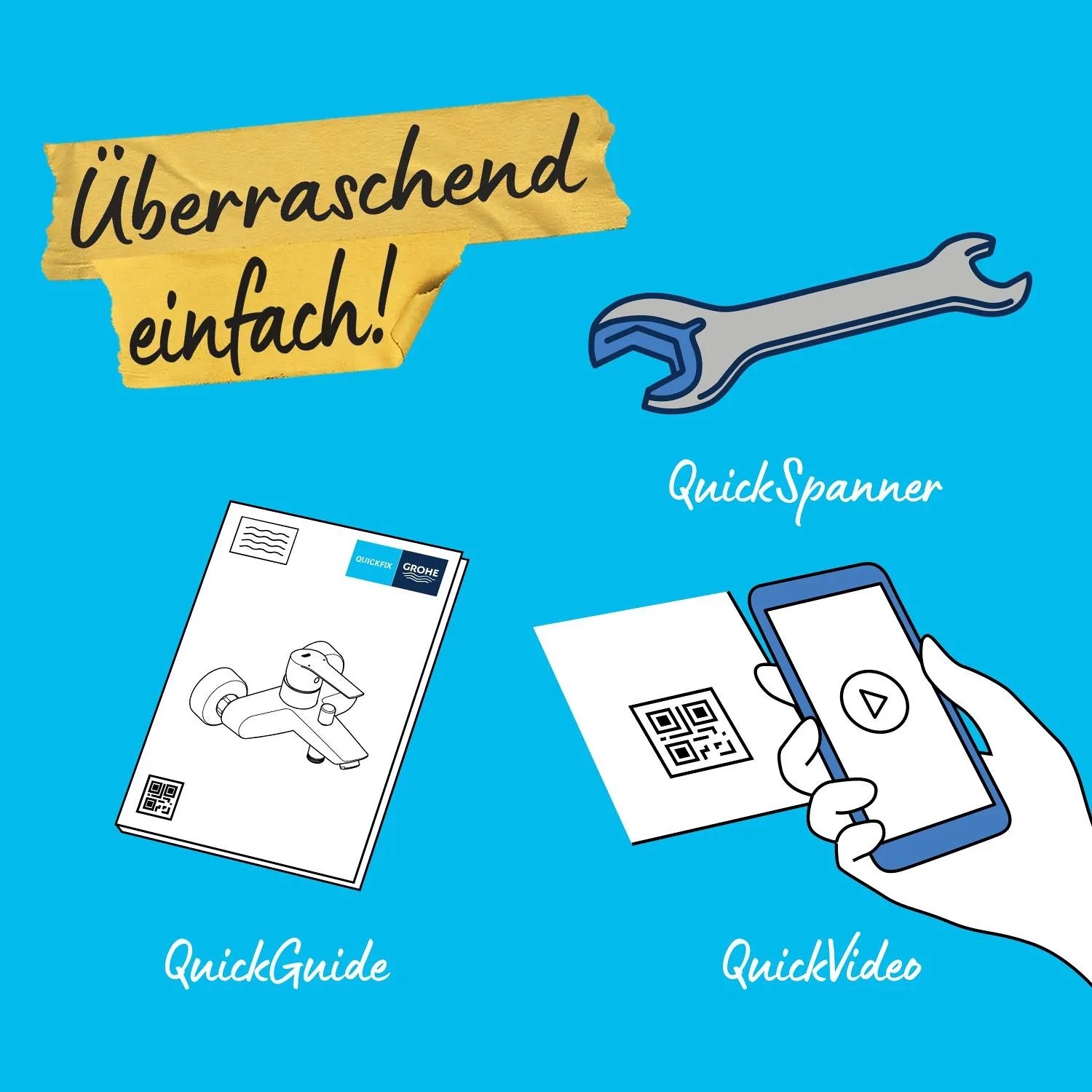 Grohe QuickFix: Montageanleitung, QR-Code, Schraubenschlüssel für Brausearmatur.