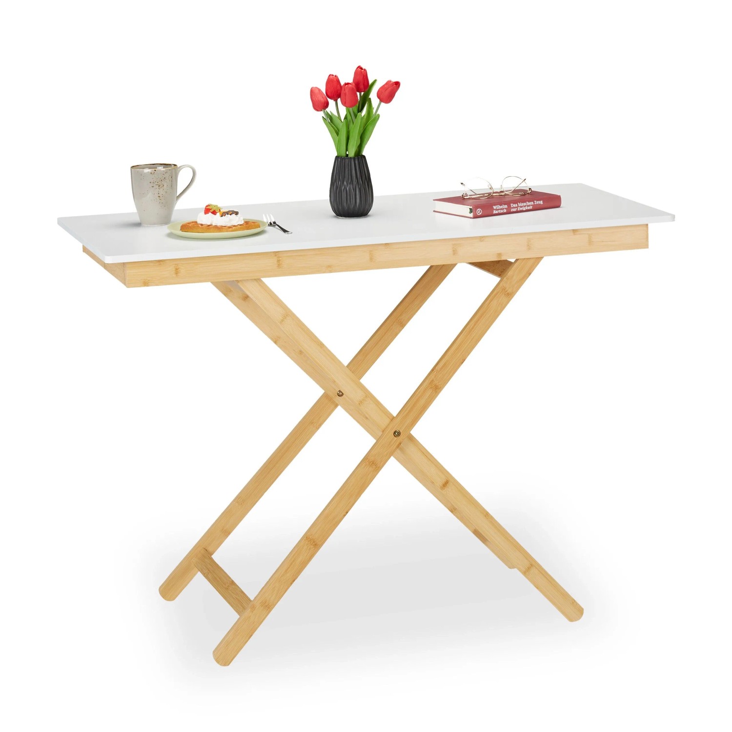 Relaxdays Klapptisch Bambus MDF Natur Weiß Höhenverstellbar Klappbar 70 cm x 105 cm x 50 cm 8,2 kg