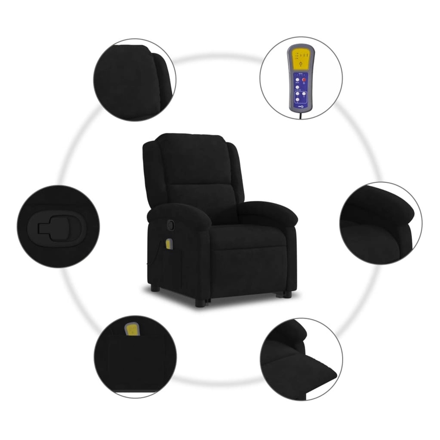 Schwarzer vidaXL Massagesessel mit Aufstehhilfe, Samtbezug und Fernbedienung.