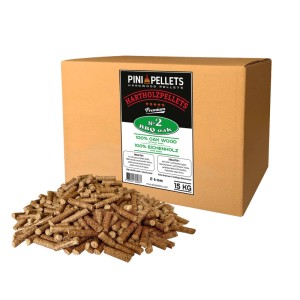 PINI Grillpellets 15 kg Eiche Holzpellets in Kartonverpackung, mit Pellets davor. Ideal für Grill, Smoker, Pizzaofen.