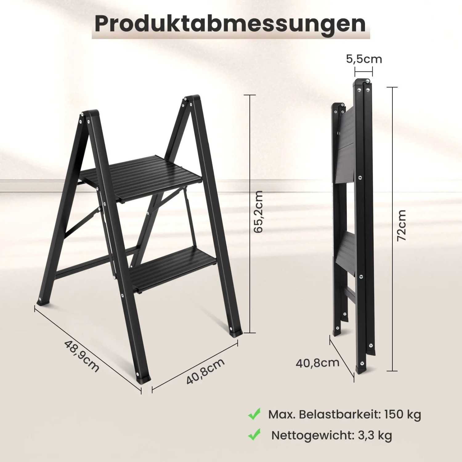 Schwarze Sekey Klappleiter mit 2 rutschfesten Alu-Stufen, aufgeklappt und gefaltet. Maße und 150 kg Belastbarkeit.