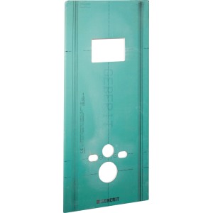 Grünes Geberit GIS Paneel aus Gipskarton für Wand-WC, mit Aussparungen für Anschlüsse und Spülkasten. Trockenbauelement.