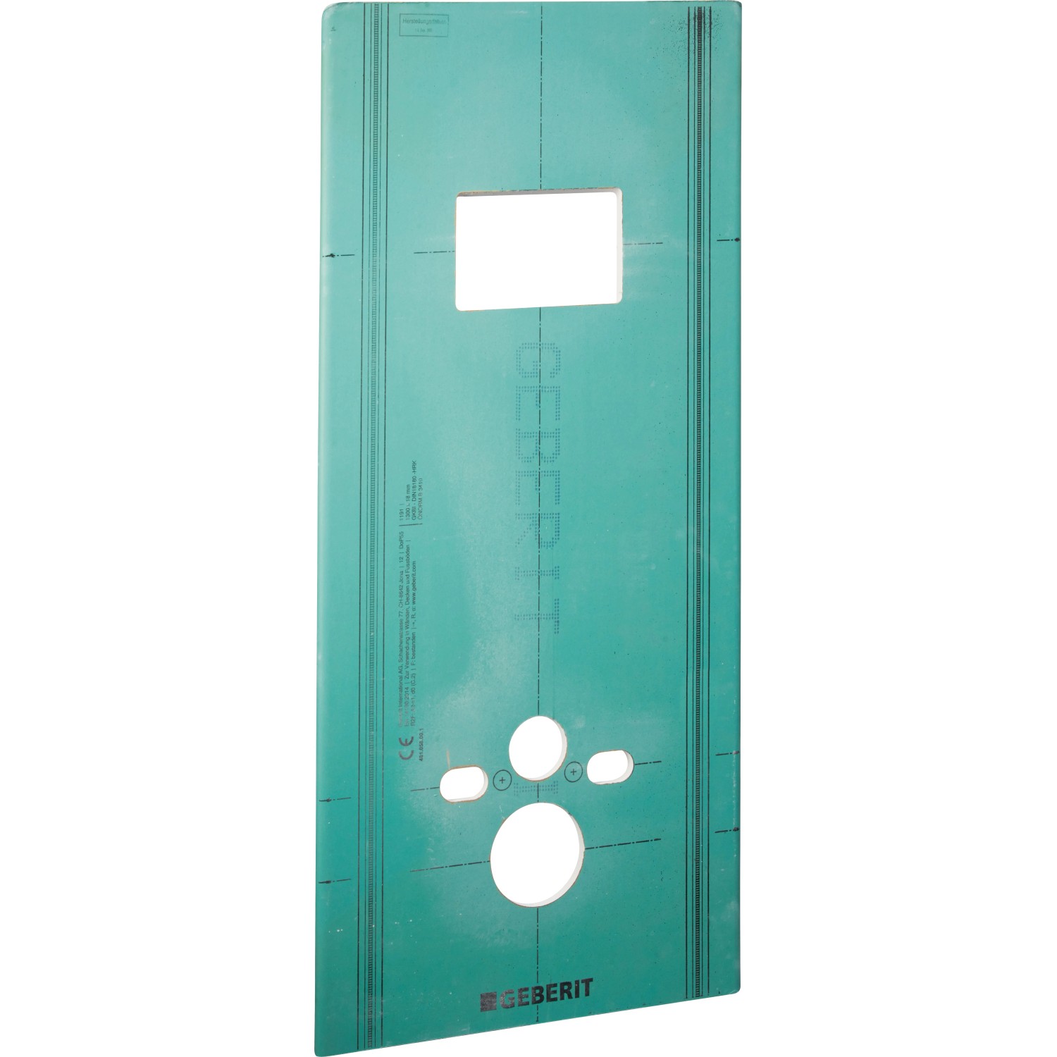 Grünes Geberit GIS Paneel aus Gipskarton für Wand-WC, mit Aussparungen für Anschlüsse und Spülkasten. Trockenbauelement.