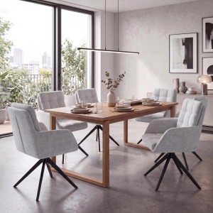 6er-Set drehbare Esszimmerstühle Q36 mit Auto-Return, Chenille Beige, schwarzem Stativgestell im Esszimmer.