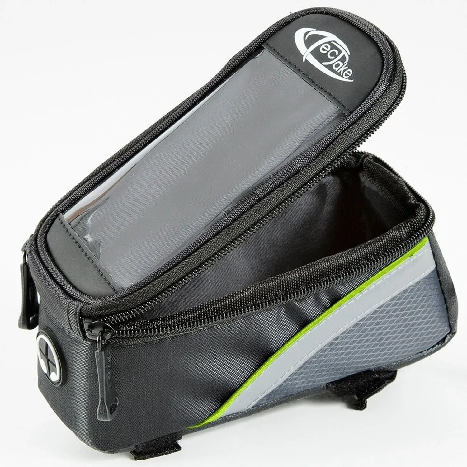 Offene, wasserabweisende Tectake Fahrradtasche in Schwarz, Grau und Grün mit Rahmenbefestigung.