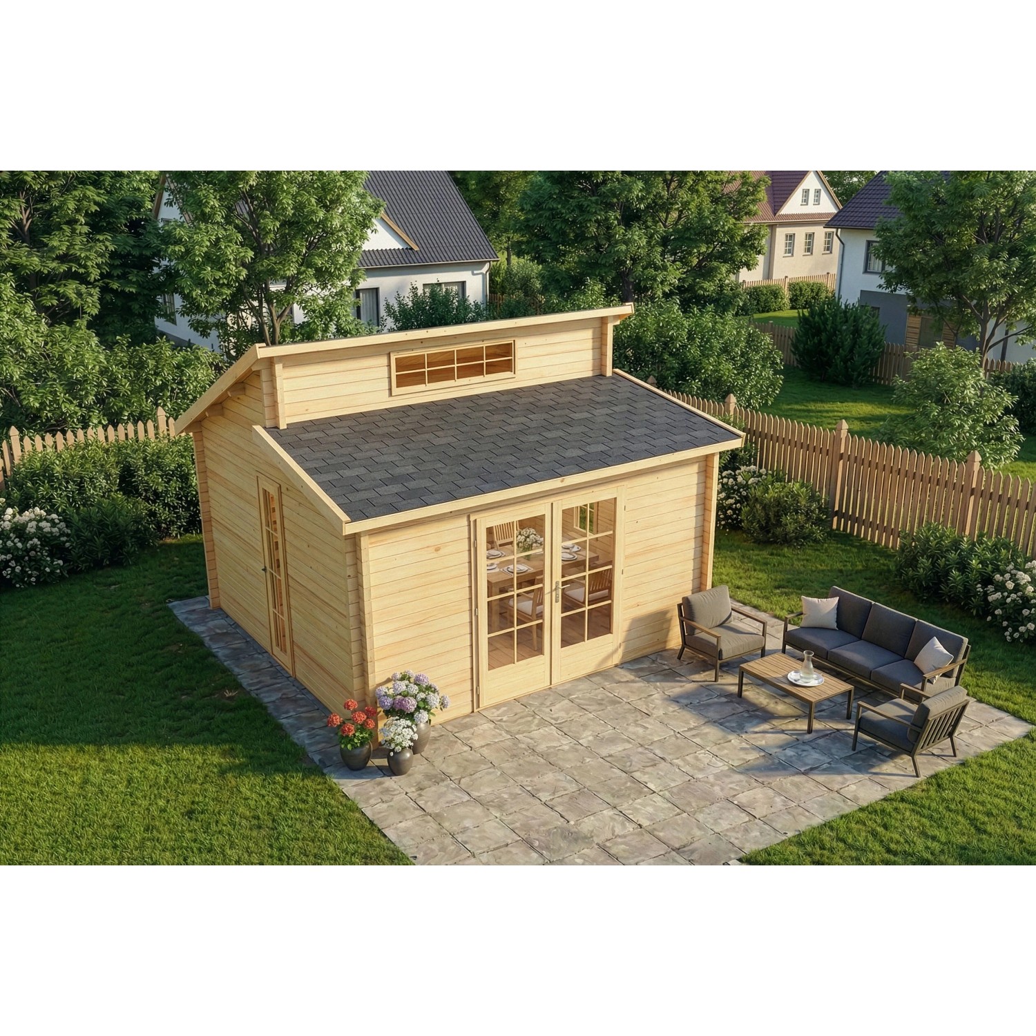 Carlsson Gartenhaus Lausitz, unbehandelt, mit Pultdach und Terrasse mit Gartenmöbeln.