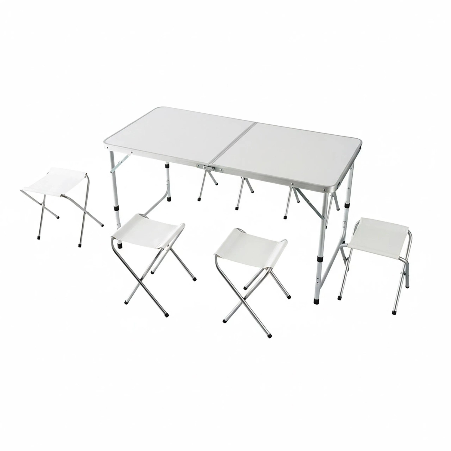 Relaxdays Campingtisch mit 4 Hockern Aluminium MDF Weiß Klappbar Höhenverstellbar 120 cm x 60 cm x 71 cm