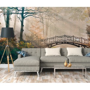 Fototapete mit Brücke im Wald, Naturmotiv in Grün, Braun und Weiß, 3,50x2,55m.