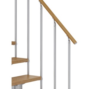 Dolle Mittelholmtreppe Cork Eiche, perlgraue Metallstäbe und Holzhandlauf.