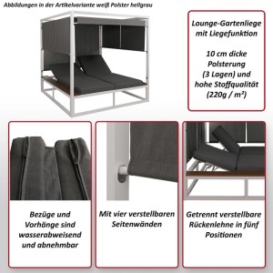 Weiße MCW Aluminium Lounge-Gartenliege mit grauem Polster und verstellbaren Seitenwänden.