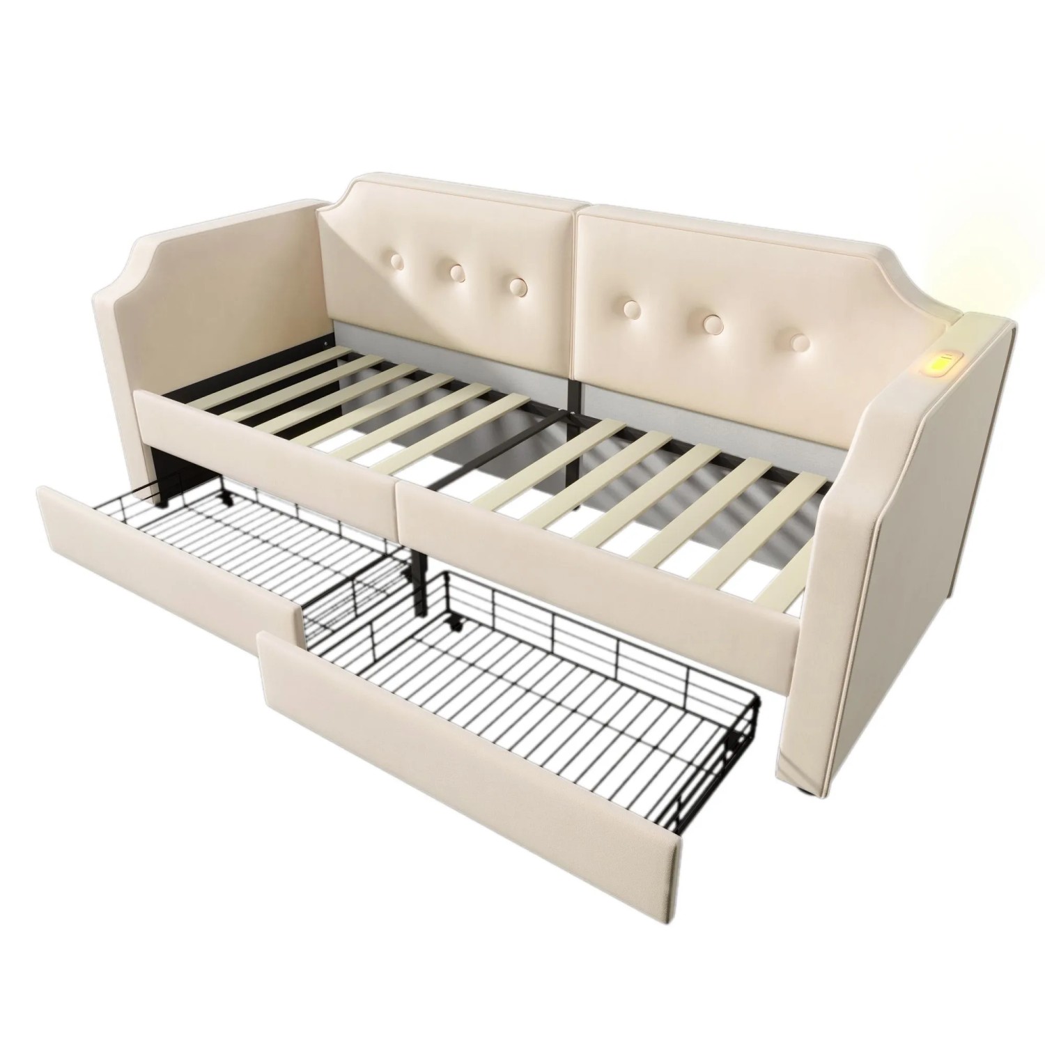 Merax Sofabett 90x200cm USB-C Leselicht Schubladen Beige