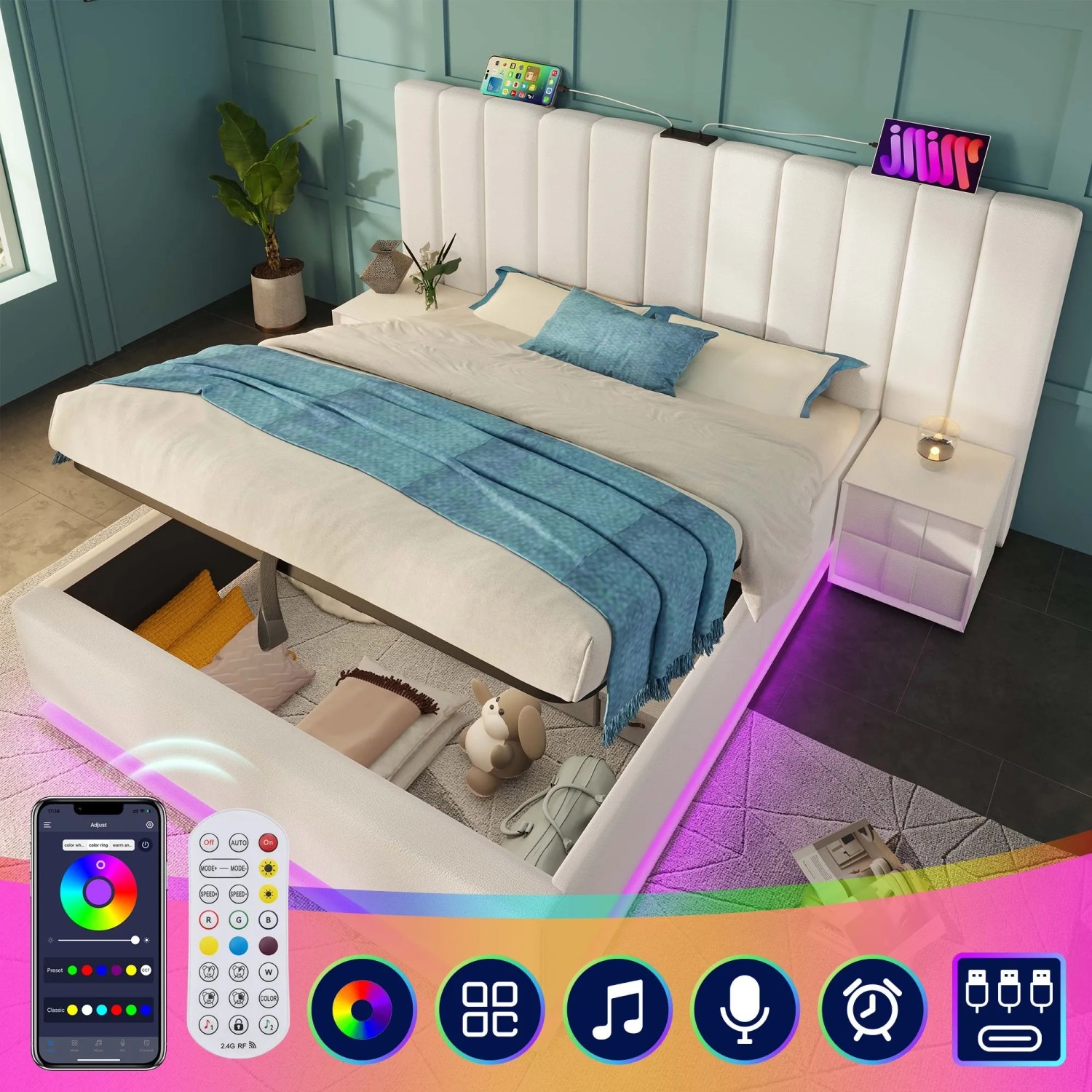 Merax Polsterbett 180x200cm App LED USB-C PU Weiß