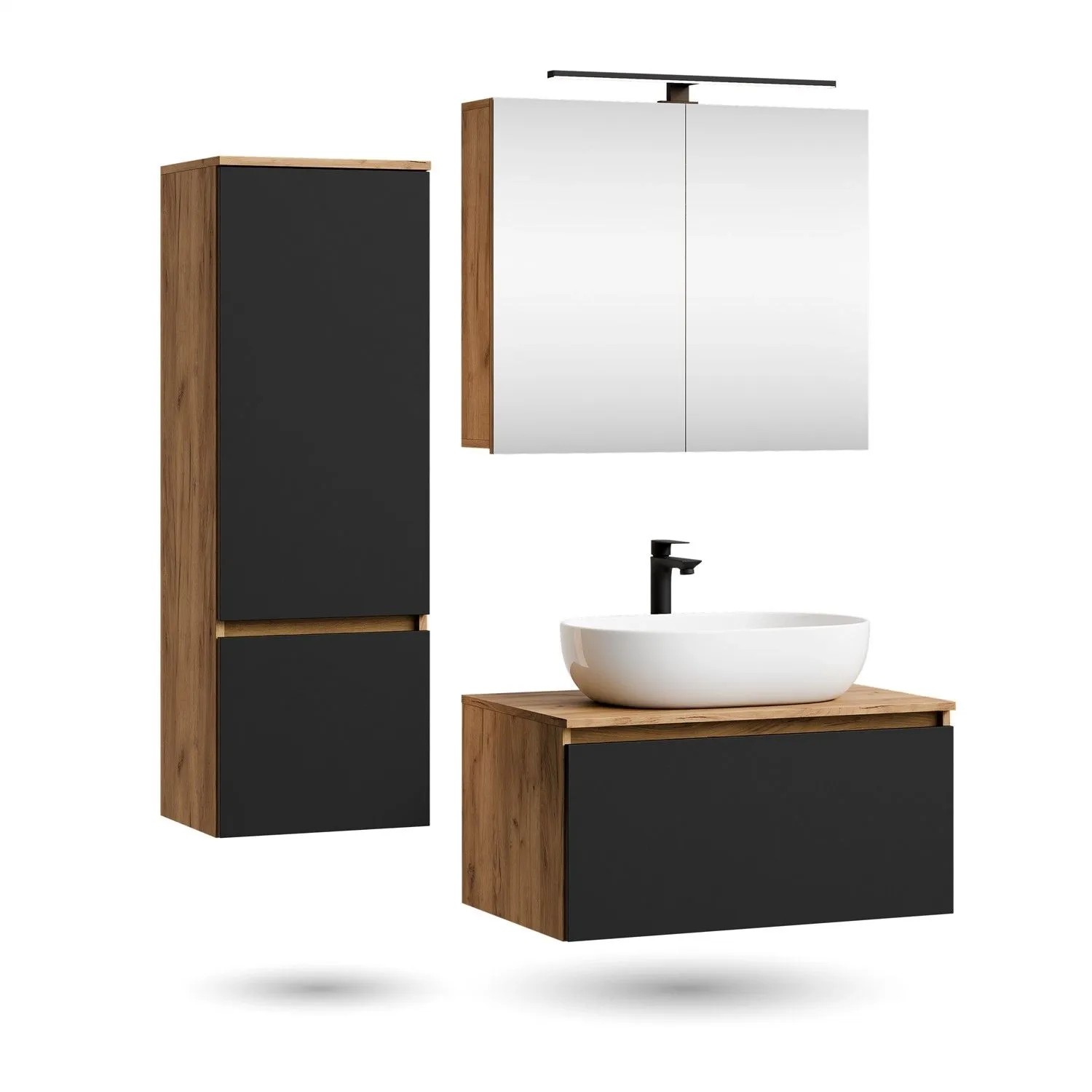 Planetmöbel ARISA Badmöbel Set 80 cm Schwarz mit Hochschrank Spiegelschrank ARIA und Aufsatzwaschbecken Weiß 60 cm