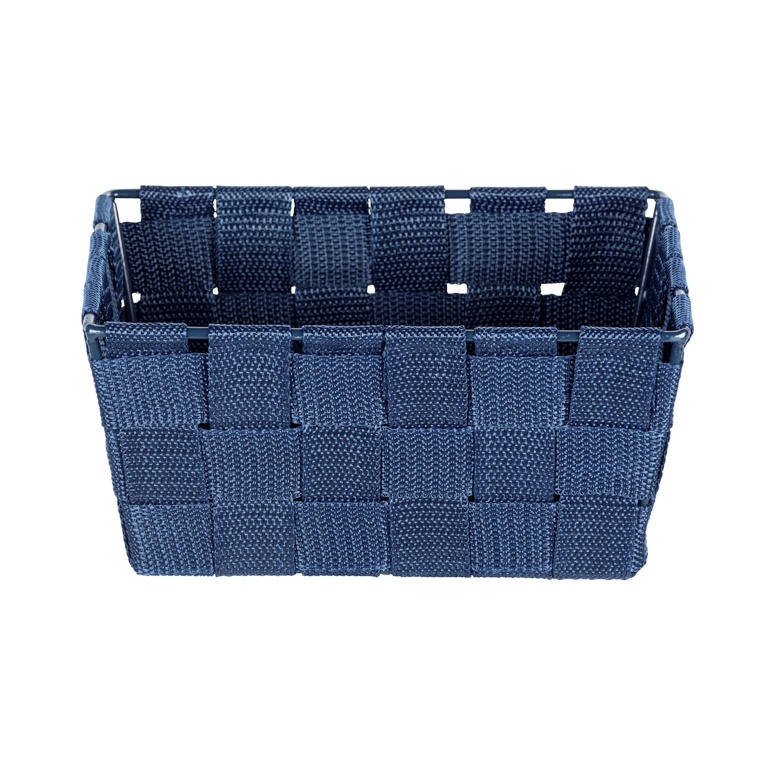 Dunkelblauer Wenko Aufbewahrungskorb Adria Mini aus Kunststoff-Geflecht.